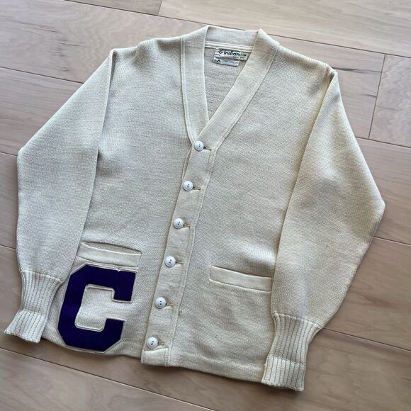 Vintage Letterman Cardigan Small Beige Wool Sweater 60s Indian Brand Made in USA - Picture 9 of 9